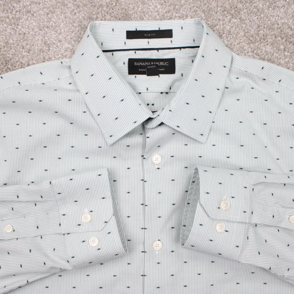 Banana Republic Shirt Mens Large Green Geometric Slim Fit Wrinkle Resistant L/S